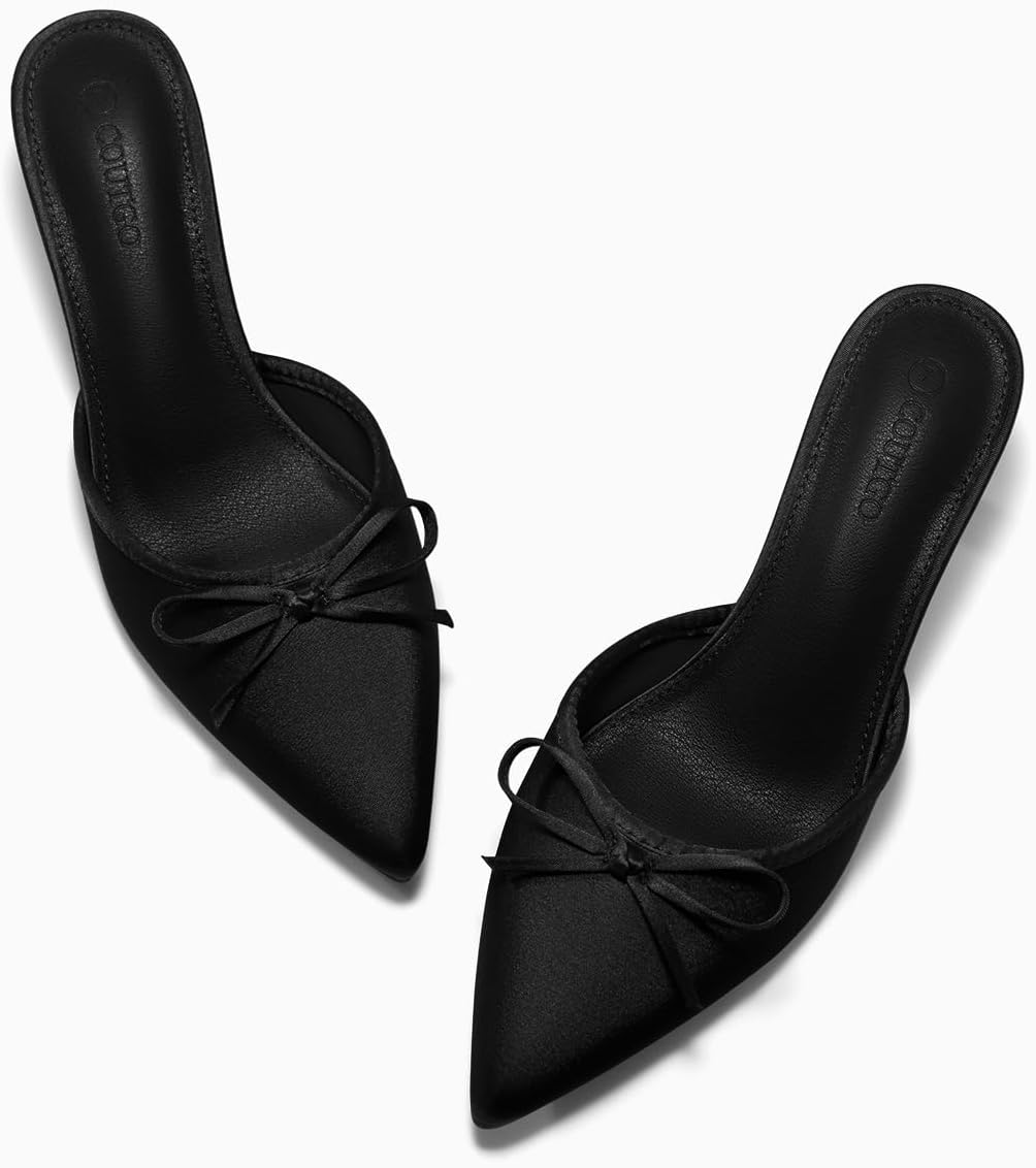 Coutgo Womens Kitten Heels Mules with Bow Satin Slip on Pumps Closed Pointed Toe Dress Wedding Party Shoes - Image 4