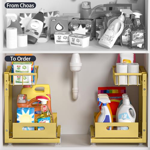 L-Shaped Under Sink Organizer, 2-Tier Pull Out Metal Kitchen Cabinet Organizer with Sliding Storage Drawer, Height Adjustable Heavy Duty Under Bathroom Sink Storage for Cleaning Supplies 1 Pack — view 2