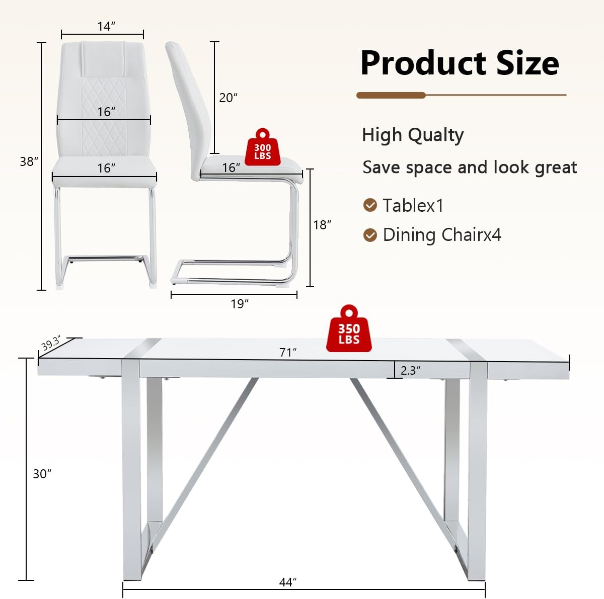 Dining Table Set for 6, 71" Modern Dining Set Table and 6 Chairs, Kitchen Table Chairs Set of 6 with White High-Gloss Lacquered Tabletop & Electroplated Metal Frame, Dinner table Set for Dining Room.