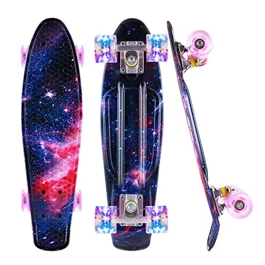 Caroma Skateboard Komplette 55 cm Mini Cruiser Skateboard für Kinder Jungen Mädchen Erwachsene, Retro-Skateboard, ABEC-7 Kugellager, LED-Blitzräder, für Anfänger