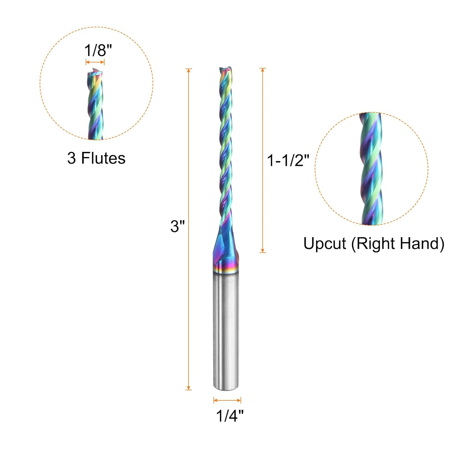 HARFINGTON Spiral Router Bit 1/8" Cut Dia 1/4" Shank Up Cut Solid Carbide Diamond-Like Carbon Coated 3 Flutes CNC End Mill Milling Bits for Aluminum Copper Metal (1-1/2" Cut Length 3" Long)