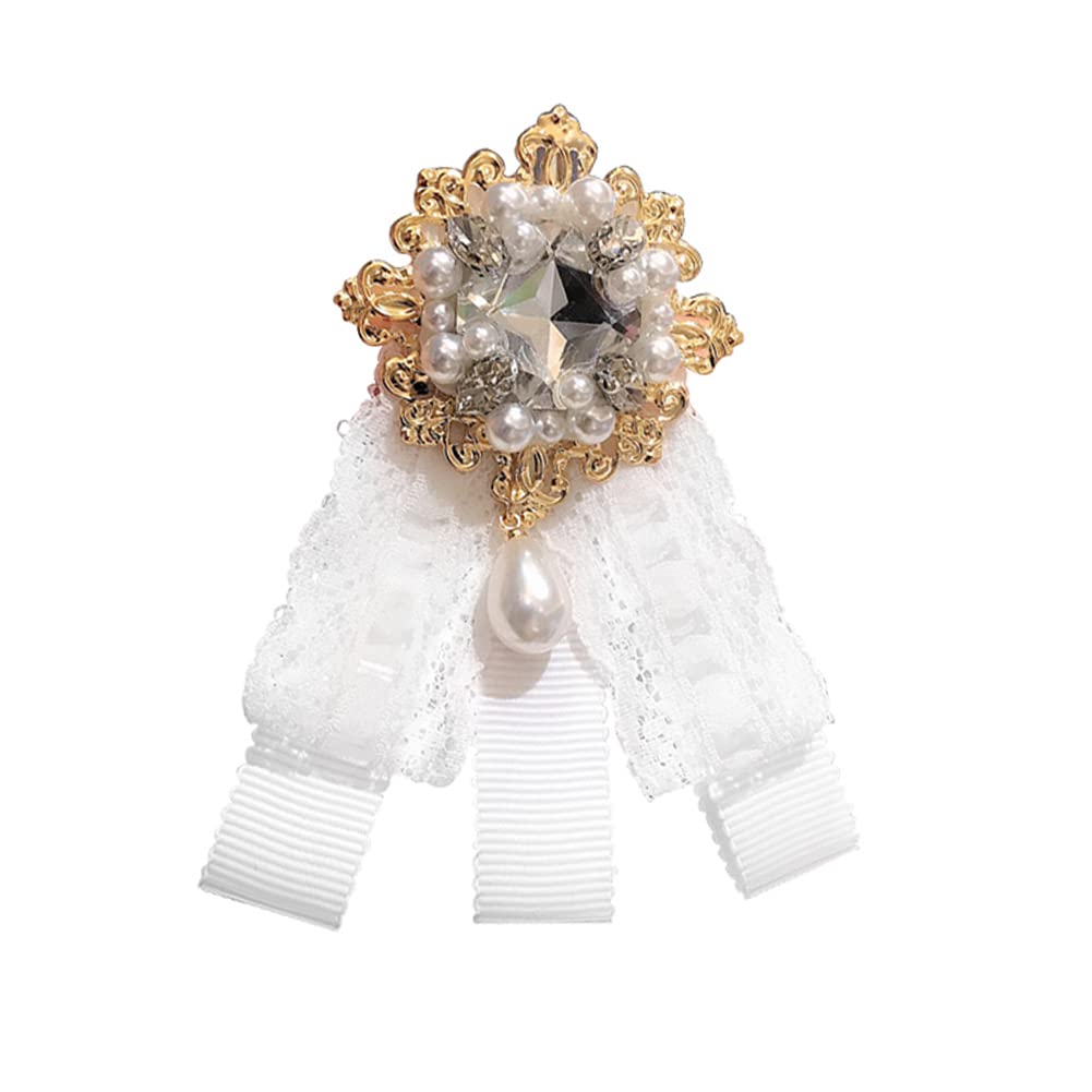 Lace Ribbon Bow Tie Brooch Rhinestone Pearl Necktie for Girl Women Fashion jabot collar brooch pins Pre-Tied Corsage