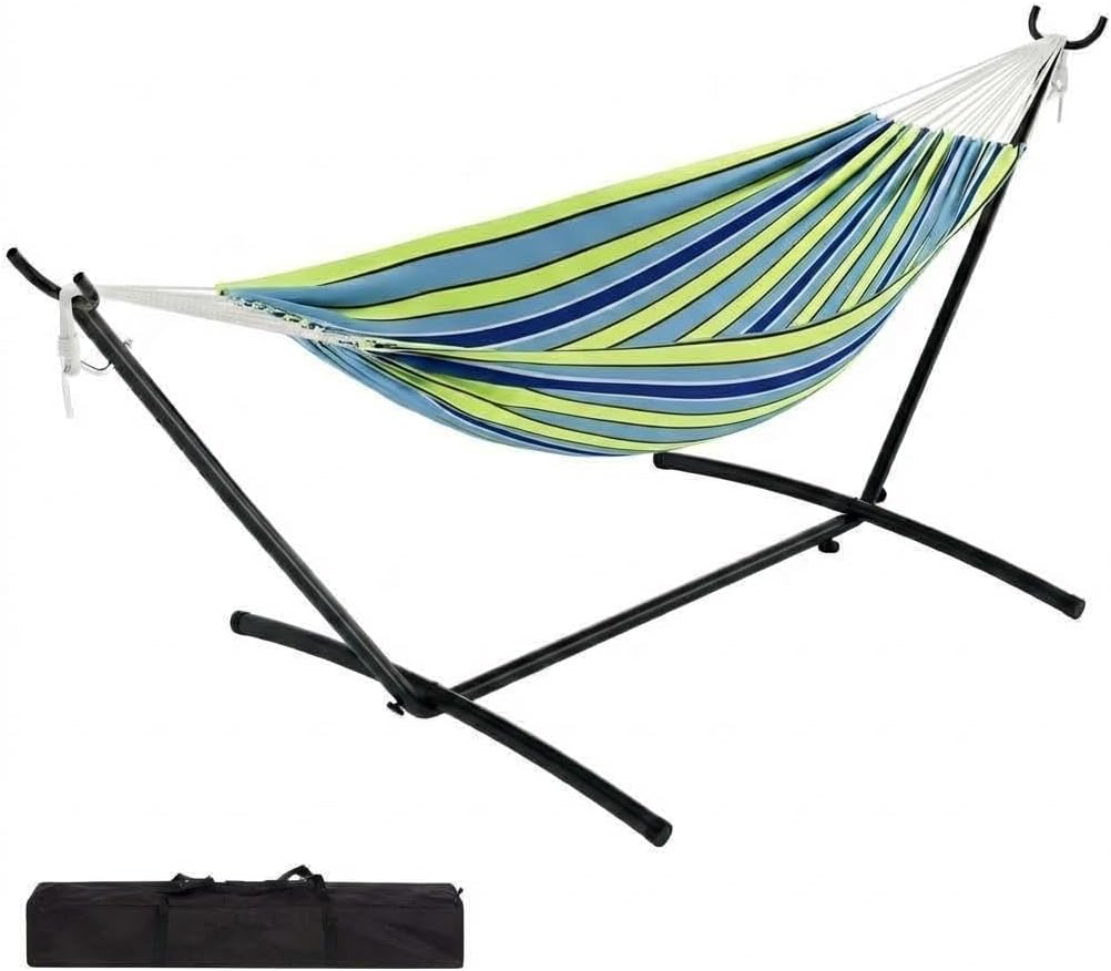 Double Hammock with Stand, 2 Person Heavy Duty Outdoor Hammock – 450IB Capacity, Portable Hammock with 9FT Steel Stand & Carrying Case, Adjustable Hammock Bed for Backyard,Camping,Beach,Teal Red