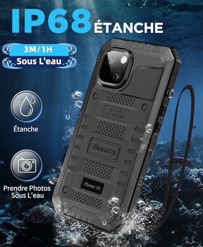 Beeasy pour iPhone 15 Coque, IP68 Étanche et 360° Militare Antiurto Protection Intégrale Étui Protecteur d'Écran Intégré, Incassable Renforcée Résistante Robuste Métal Armor Case, Noir – vue 3