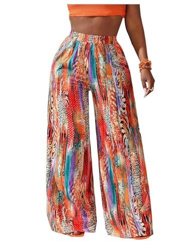 Women's Boho Printed Palazzo Pants Elastic High Waist Wide Leg Casual Trousers
