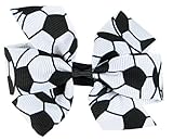 HipGirl 2pc 3' Sports Bows Hair Clips, Soccer for Girls Soccer Ribbon/Softball Ribbon Soccer Hair Bow Hair Clips, Soccer Bow/Softball Bow (Soccer Accessories, Soccer Gifts for Girls-Black and White)