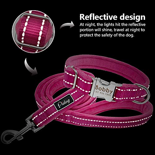 Didog Soft Personalized Dog Collar, Flannel Padded Custom Dog Collar And Leash Sets,Reflective Engraved Collar With 4 Feet Leashes For Small Medium Large Dog, Hot Pink, Large Size #TOP3