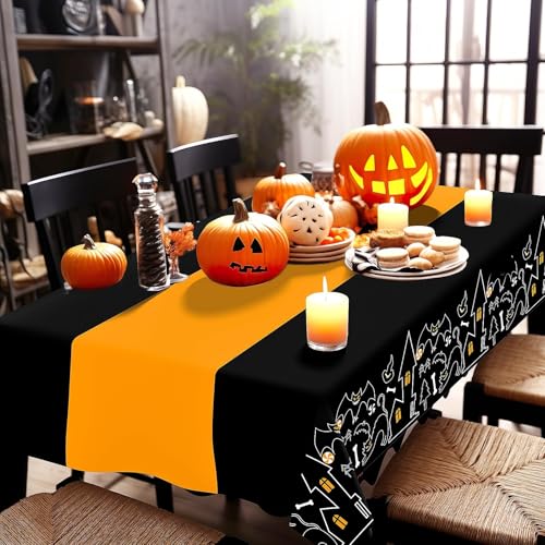 Image of Childom 3 Pack Halloween Tablecloths Rectangle Table,Halloween Decorations | 54 inch x 108 inch Disposable Plastic Tablecloths,Plastic Table Cover for Halloween Party Decorations,Halloween Party Supplies Favors