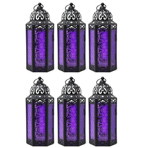 VELA LANTERNS 6pk Moroccan Candle Lantern Decorative Candle Holder Lamp for Table or Hanging, Indoor Home Decor, Outdoor Patio or Porch, Weddings, Black Metal, Medium, Purple Glass