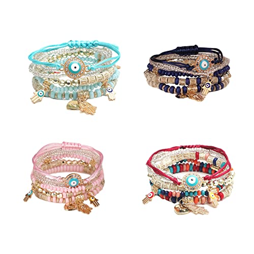4 Pcs Bohemian Stackable Bracelets Multilayer Evil Eye Hamsa Hand Bracelets Boho Stretch Strand Bracelet Multicolor Crystal Charm Bracelet Lucky Protection Bangles For Women (Blue+Pink+Purple+Mixture) #TOP27