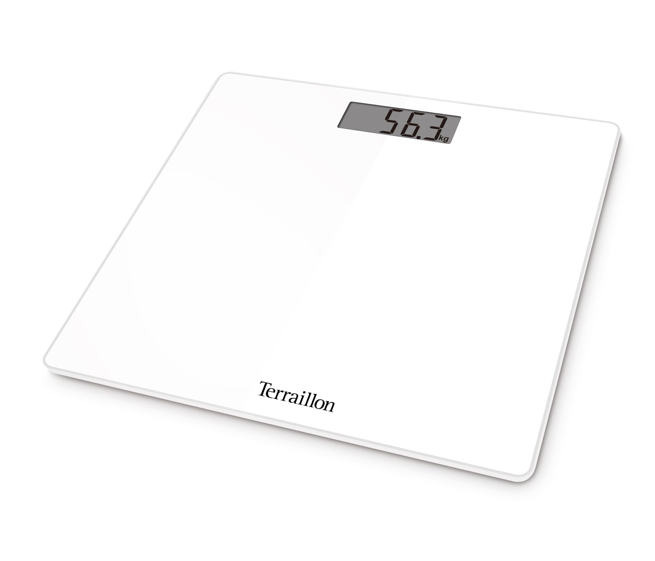 Terraillon - TSQUARE Weiß - Kompakt und ultraflach 26cm x 26cm-Glasplatte-Großes LCD-Display-Kapazität 180Kg-Graduierung 100g -Weiß