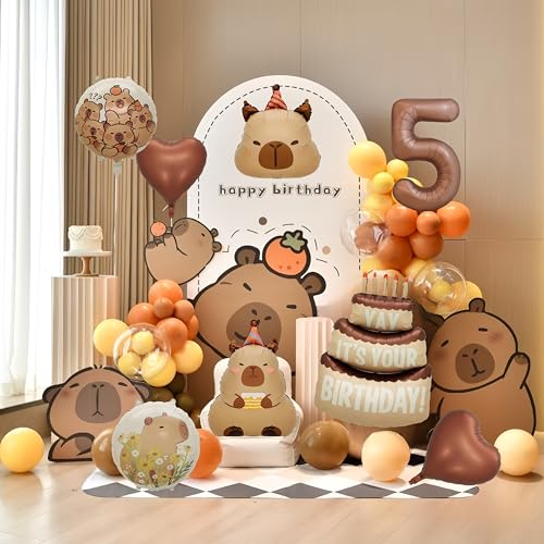 Image of Capybara Birthday Foil Balloon Set, 8-Piece Party Decor (5) | Reusable foil balloon set with capybara, cake,number . Perfect for birthday, baby shower, gender reveal & themed parties