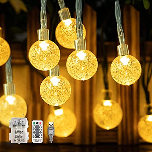 WALCHO Guirlande Lumineuse, 60 LED Guirlande Lumineuse Couleur Extérieure et Interieur IP65 Etanche 8 Modes, USB Boules Lumineuses Jolie Décoration pour Noël,Fête,Jardin,Terrasse,Balcon(Blanc chaud) Cover