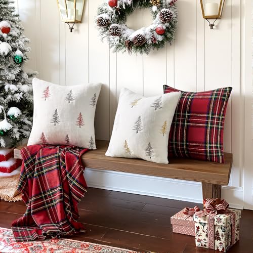 Image of MIULEE Christmas Decorative Pillow Covers Set of 2 Faux Fur Throw Pillows with Embroidered Christmas Tree 18x18 Inch White Gold Winter Couch Covers for Festival Sofa Bedroom Living Room Home Decor