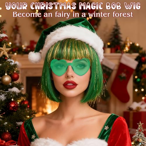 Image of PLULON Green-Red-Gold Bob Wig with Bangs for Women Men, Colorful Short Funny Bob Wigs with Heart Sunglasses and Hair Cap Colored Cosplay Hairpieces for Christmas Halloween Costume Neon Party