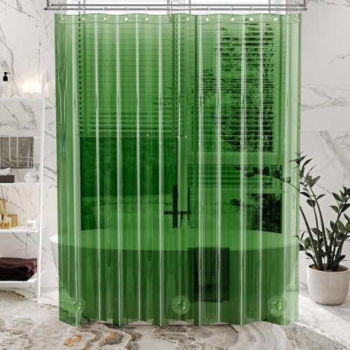 Image of AmazerBath Premium EVA Shower Curtain Clear Pine Green, Luxury Shower Curtain Dark Green Ultra Soft, Waterproof Bathroom Curtain with 3 Weighted Stones and 12 Grommets, Recyclable Packaging