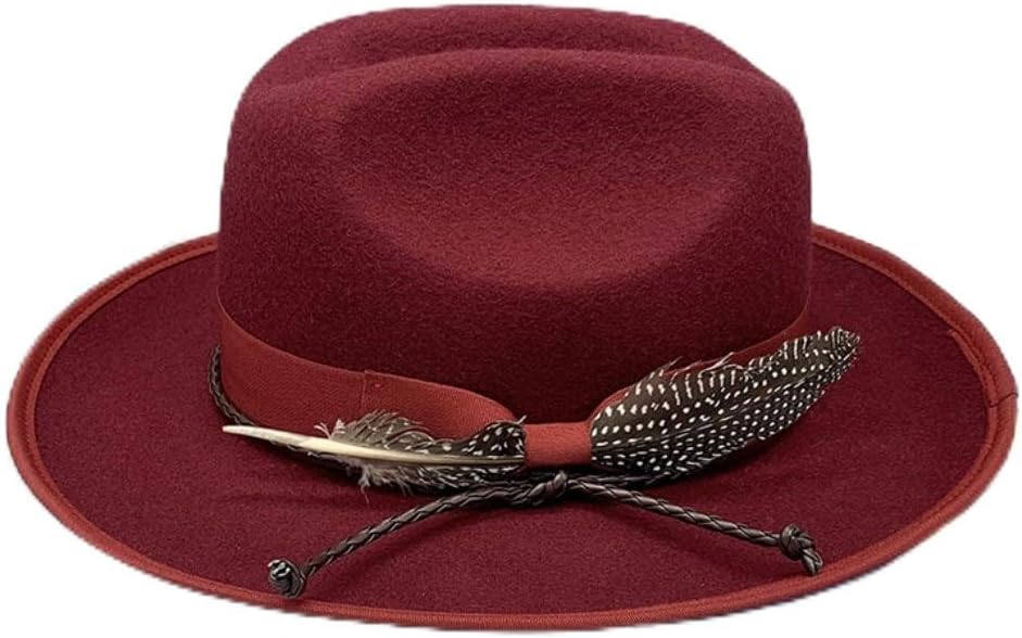 Vintage Style Wool Fedora Hat with Feather Band, Black (Burgundy,One Size)