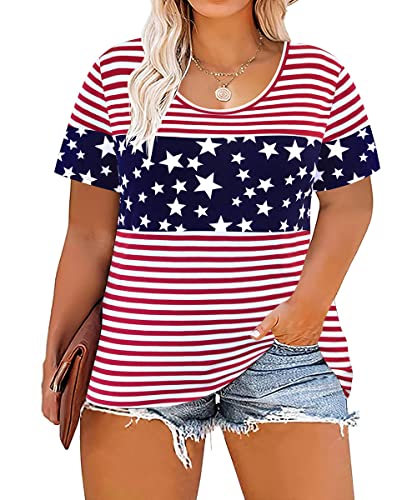 Image of CARCOS Plus Size Tops for Women Short Sleeve Summer Pullover Color Block Crewneck /V Neck Tee Tunic Loose Fit Tshirts XL-5XL