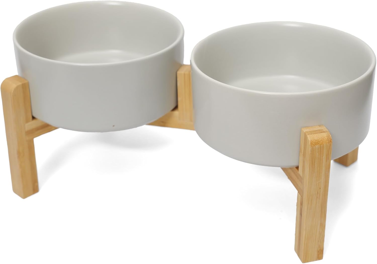 Elevated Ceramic Dog Bowls - Double Raised Pet Feeder with Wooden Stand - 30.4oz Food Water Bowls for Medium Dogs & Cats - Non-Slip Pet Dishes Dishwasher Safe - 3.7 Cups - Grey