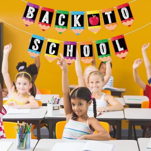 Image of Back to School Banner Welcome Back to School Banner Apples Pencil Garland Photo Backdrop Decor First Day of School Sign for Student Teacher Classroom Kindergarten Preschool Party Decorations