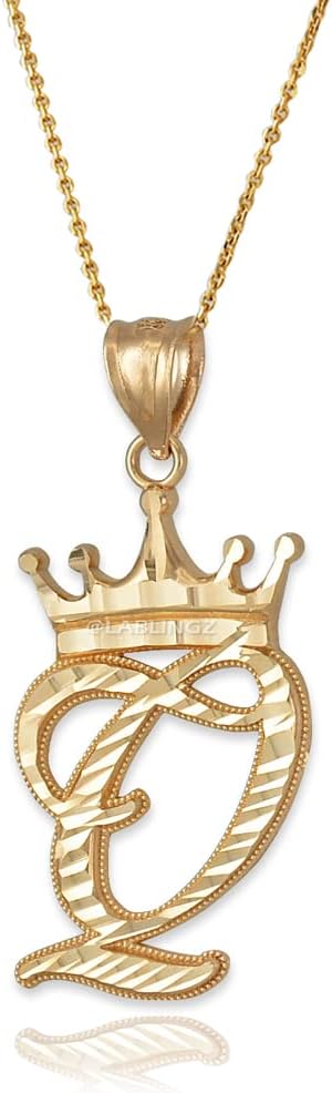 10K Yellow Gold Sparkle-Cut Royal Crown Cursive Monogram Letter Initial A-Z Alphabet Pendant Necklace - Choice of Initial Letter and Rolo Chain 16"-22" Length