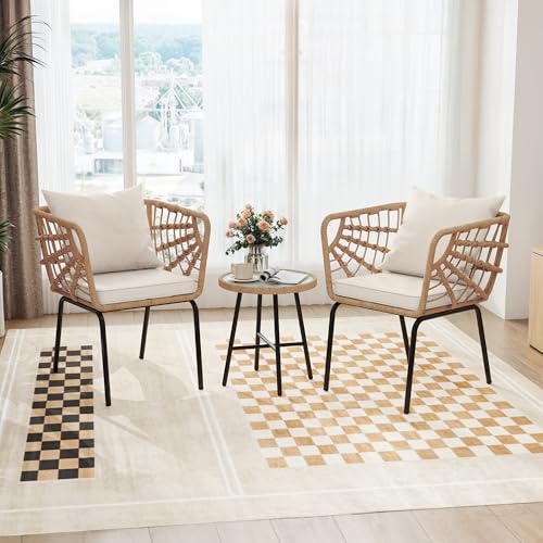 DWVO Accent Chairs Set of 2, Wicker ArmChairs with Soft Cushion, Comfy Living Room Chairs Modern Reading Arm Chairs with Table for Living Room, Bedroom, Balcony, Beige