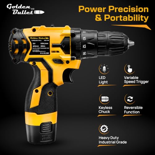 Image of Golden Bullet GCD-12B 12V Cordless Drill & Screwdriver | 2-Speed 350 /1350 RPM | 28Nm Max Torque | 10mm Keyless Chuck | 1x 1.5Ah Battery with Charger