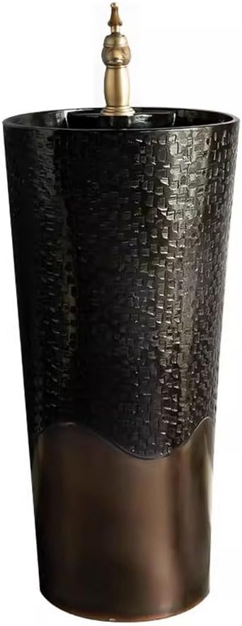 Black Ceramic Pedestal Sink Modern Bathroom Countertop Vessel Wash Basin, Floor-Standing Design for Home Vanity, Stylish Courtyard Column Sink