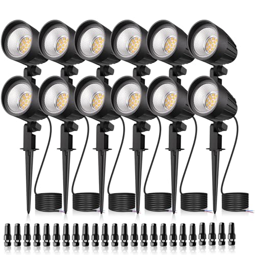 MEIKEE 7W LED Landscape Lights, 12V/24V Low Voltage Landscape Lighting IP66 Outdoor Spotlights Warm White Garden Lights with Connectors for Pathway Yard Patio 12 Pack