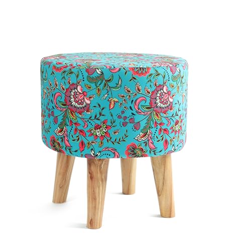 Image of NACIA Velvet Printed Ottoman Chair with Stool Combo | Dressing Table Chair for Bedroom Makeup Room Decor | Modern Upholstered Ottoman with Wooden Legs for Living Room (18x18x32 Inches, Blue Leaf)