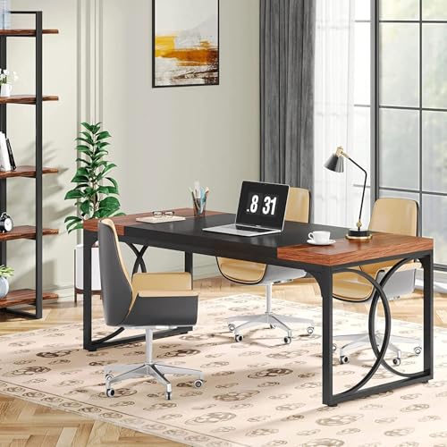 Image of TEKAVO Large Office Table | 160 CM | Computer Table for Home Office | D Type | Black & Rustic Brown - DIY