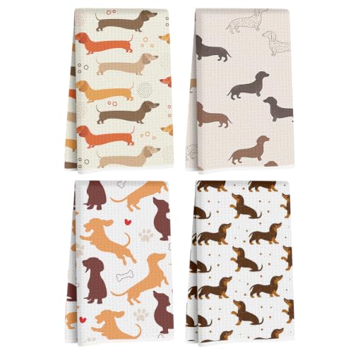 Image of 4 Pcs Cute Dachshund Kitchen Towels, Dachshund Gifts Reusable Dish Towels 4