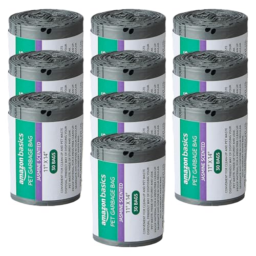 Image of Amazon Basics Pet Poop Bags with Fun Paw Print Design | Grey | 300 Count | 30 Bags x 10 Rolls | Strong and Leak-Proof | Easy to Use | Mild Jasmine Scent