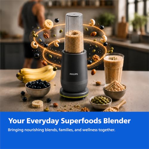 Image of Philips HR2612 /00 Mini Blender | 2 Unbreakable Food-Grade PC Jars | ProBlend Technology for Smooth Blending in seconds | Blend & Carry Jar | Superfood Smoothies, Protein Shakes, Dips & more (Grey)