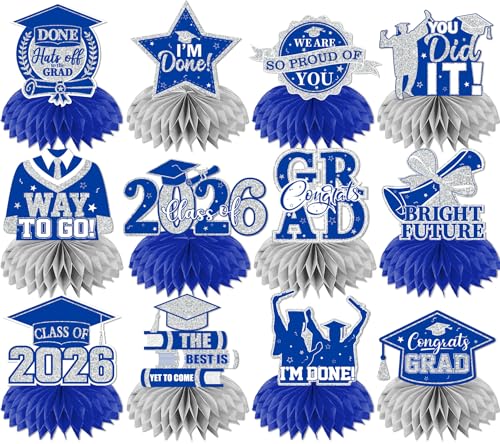Image of 12pcs Graduation Table Decorations 2026,Silver and Blue Graduation Decorations 2026 Graduation Centerpieces for Tables,Class of 2026 Centerpieces Honeycomb for Congrats Grad Table Decor