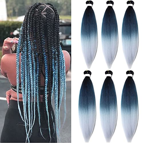 Pre Stretched Braiding Hair Extensions 26 Inch 6 Packs Black Blue Silver