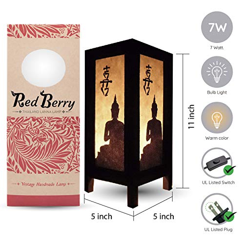 Red Berry Thailand Lanna Lamp Red Berry Bedside Japanese Lamp - Vintage Asian Inspired Decorative Table Lamp With Fabric Square Lamp Shade - Retro Ancient Buddha Lamp For Bedroom Nightstand thumb #2