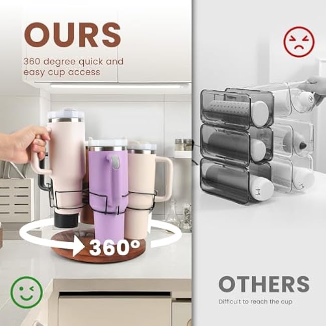 Water Bottle Organizer for Stanley 40 Oz tumbler with handle, 360¡ã Rotatable Stanley Cup Organizer Holder, for Kitchen Cabinets and Storage for Stanley Cup Accessories, Wooden Base Cup Storage Rack