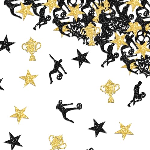 200 Pièces Confettis Football Noir et Or, Décoration de Table Anniversaire Thème Foot, Accessoires de Fête pour Garçons et Adultes, Diamètre 2-4cm