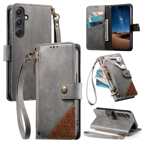 Étui Samsung Galaxy A53 5G housse rabat cuir portefeuille gris avec pochette fermeture éclair