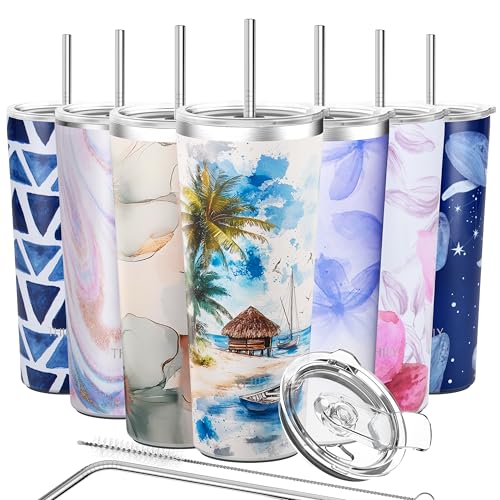 Vakuum-Isolierter Edelstahlbecher - THILY Reisebecher 780 ml Kaffeetasse mit 2 Deckeln und Strohhalmen, spritzwassergeschützt, wiederverwendbar, hält kalte Getränke kühl, Coastal Breeze