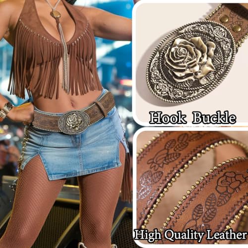 Bounzhi Brown Western Belt for Women Cowgirls Cowboys Leather Belt for Jeans Pant Country Belt with Vintage Buckle3