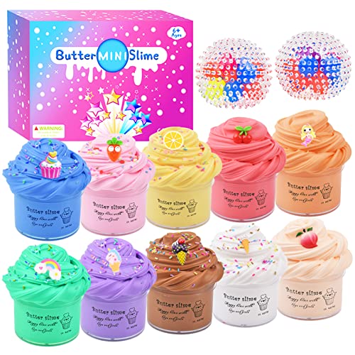 12 Pack Butter Slime Kit, Including 2 Pack Stress Relief Balls, Super Soft & Non-Sticky, Kids Party Stress Relief Putty Toy, for DIY Stress Relief Slime Toys for Girls Boys