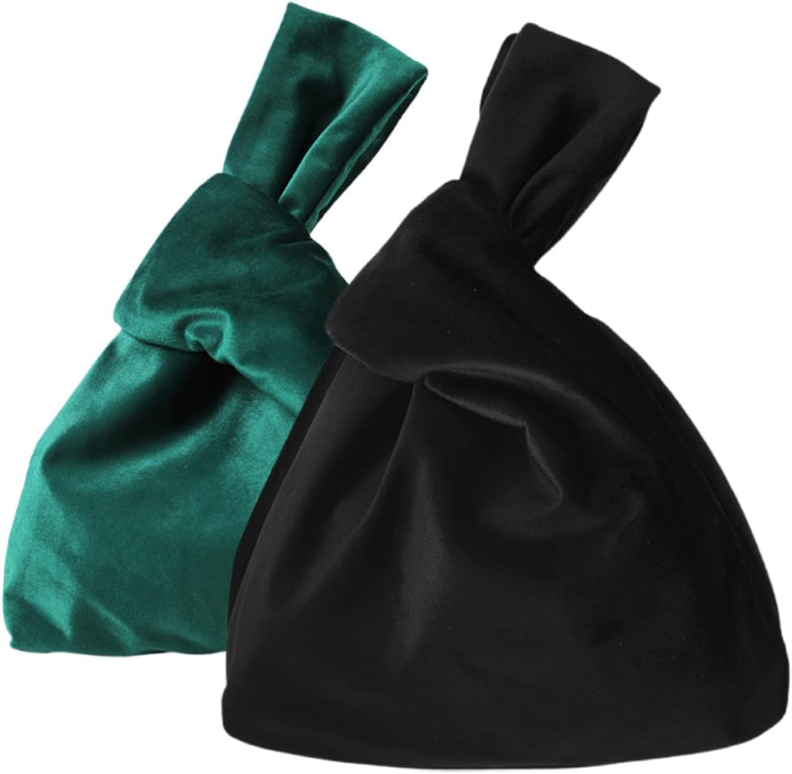 SECFOU Velvet Wristlet Purse Small Tote Bag Handbag with Knot Detail Women’s Casual Evening Clutch Wrist Bag for Travel and Party Green Black