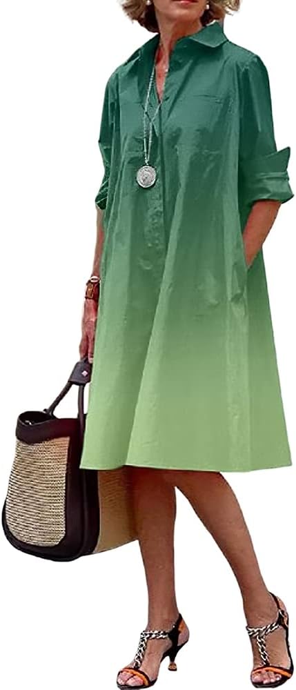Womens Linen Long Sleeve Simple Printed Button Down Shirt Dress Plus Size Loose Shirt Dresses for Women with 2 Pockets