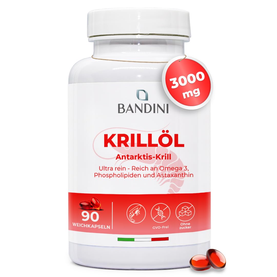 Bandini® Krillöl 3000 mg, reine Antarktis, 465 mg EPA und DHA, 1200 mg marine Phospholipide, Quelle von Astaxanthin und Omega 3 | Krillöl 100% natürlich, kein Nachgeschmack | 90 Weichkapseln