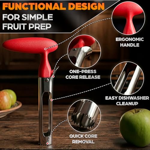 Image of Apple Corer Tool - Stainless Steel Apple Core Remover with Durable Plastic Handle - Comfortable Grip, Easy to Use, Dishwasher Safe & Long-Lasting | Works for Apples, Pears, Tomatoes, Peppers & More