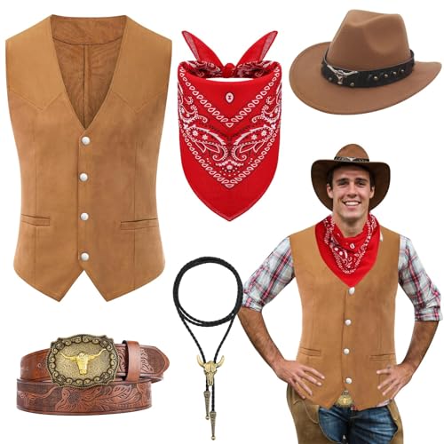 Saier tbo 5 Pièces Cowboy Costume Accessoires pour Hommes, Western Cowboy Fancy Dress Set avec Chapeau Gilet Bandana Bolo Boucle Ceinture Collier pour...