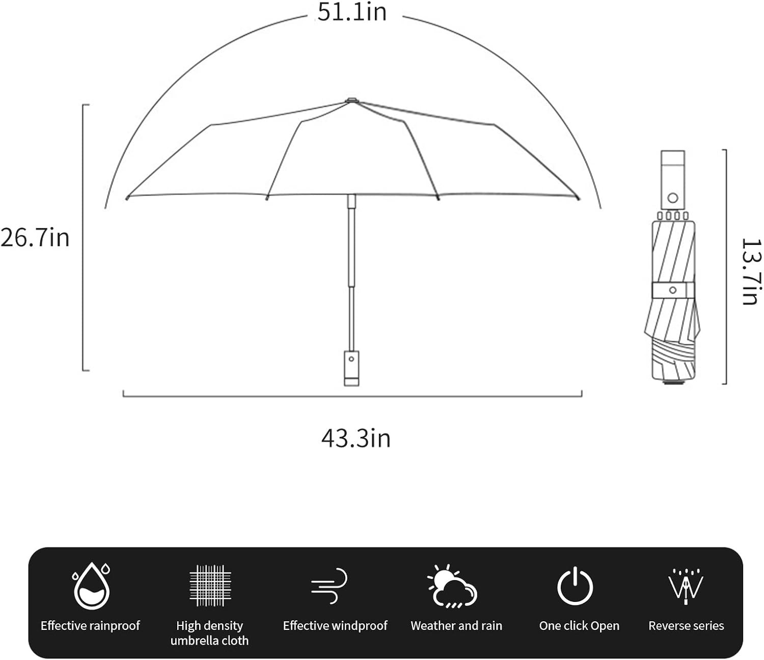 Miniatura 2 de CLOUDIA Paraguas de viaje resistente al viento fácil y compacto plegable invertido, paraguas para lluvia, paraguas invertido a prueba de viento con
