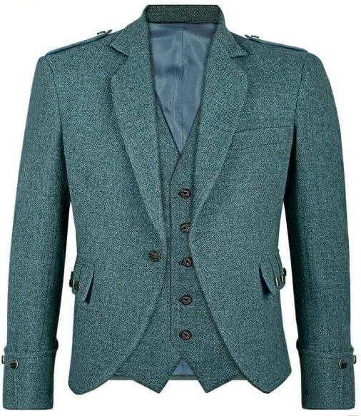 Men’s Green Tweed Argyle Kilt Jacket with 5 Button Vest Scottish Wedding Dress Argyll Jacket with Waistcoat